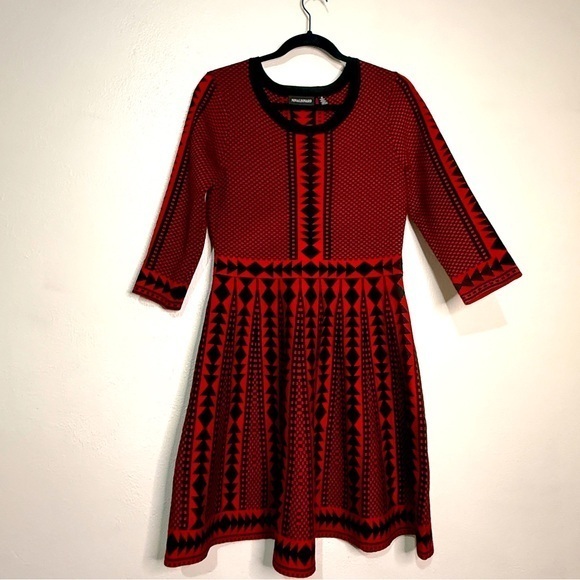 Nina Leonard Tribal Patterned Red and Black Dress, Sz M. - Picture 1 of 12
